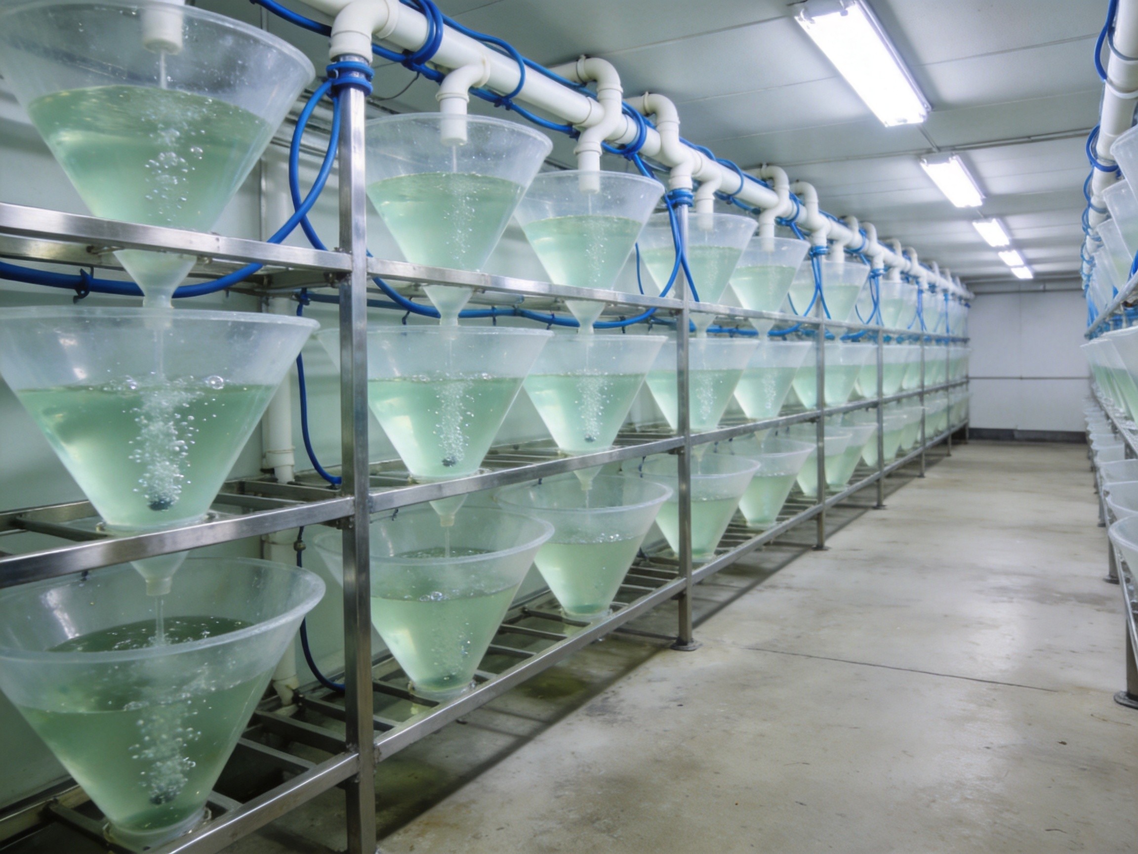 Professional artemia hatching incubation facility with conical tanks