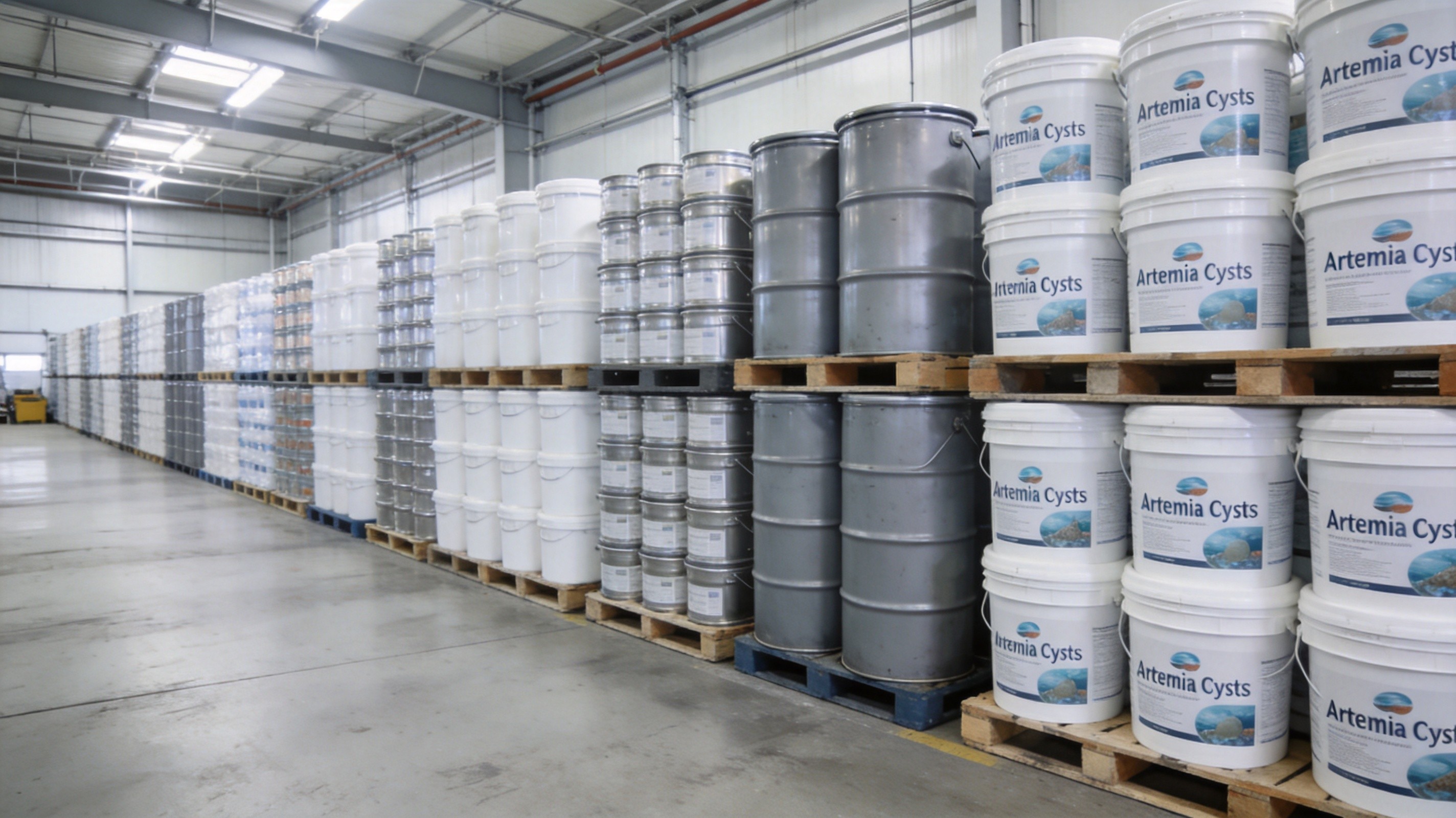 Temperature-controlled warehouse with organized drum storage for artemia cysts